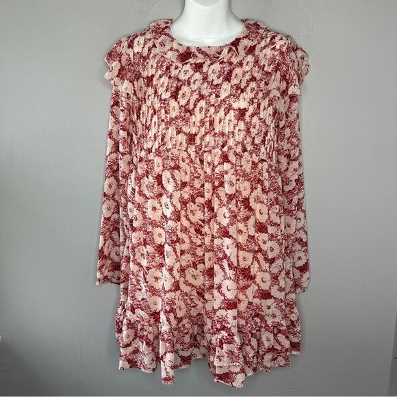FREE PEOPLE Mini Babydoll Dress Womens XSmall Floral Pleated Boho Ruffle Pretty - Picture 3 of 16